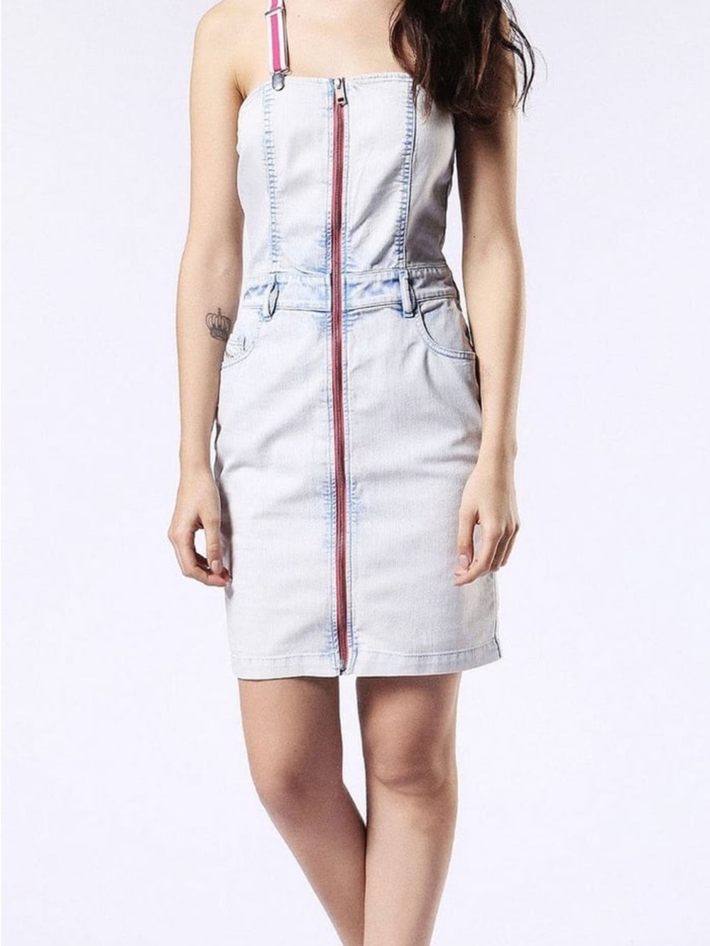 Diesel Light Wash Denim Mini Dress-Skirt with Pink Zip and Strap